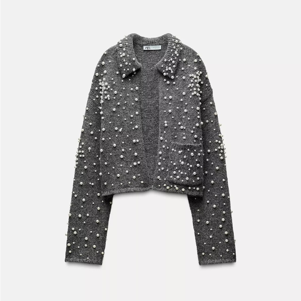 Zara Gray Pearl-Studded Sweater